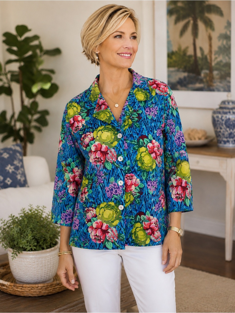 KIYOMI Lapis Floral Button Front Jacket Shirt Size S Blue Multicolor Dopamine